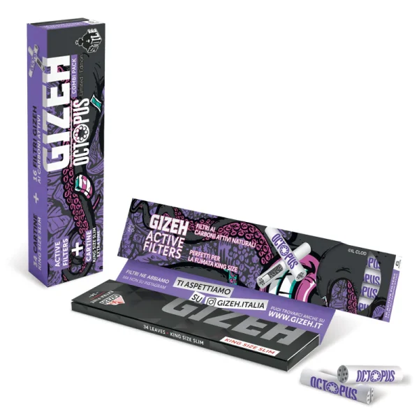 Gizeh x Octopus - King Size - Super Fine Ks Slim + Tips al Carbone Attivo - Limited Edition Kit